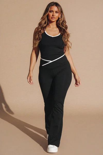 Black Contrast Trim Top and Flared Trousers Activewear Set - Eleonora