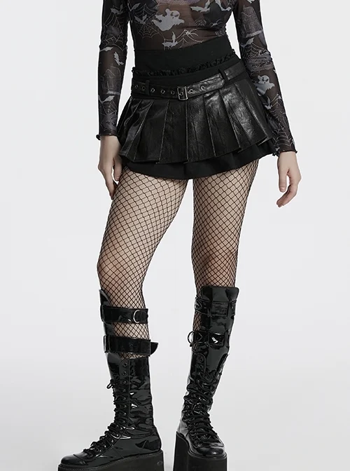 Black Cool Leather Patchwork Lace Ruffles Metal Button Decorated Punk Style Pleated Skirt