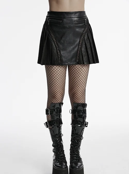 Black Cool Personality Pleated Leather Splicing Mesh Metal Zipper Steampunk Style Skirt