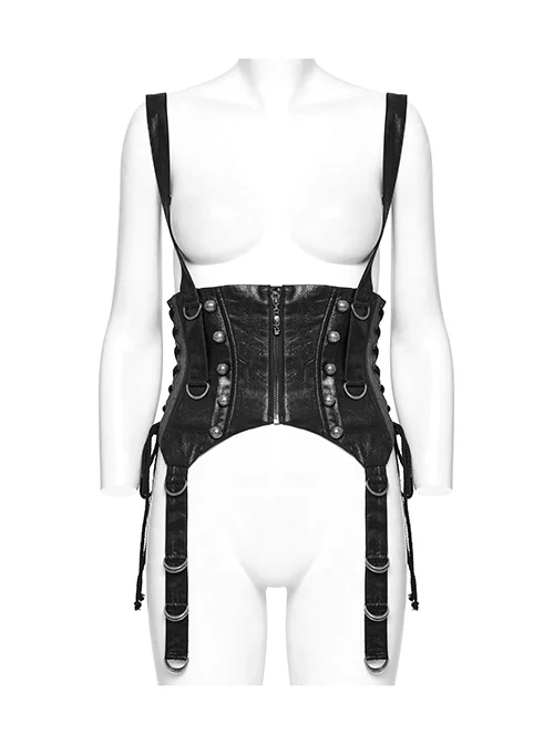 Black Cool Retro Carved Metal Buckle Decoration Cross Straps Drawstring Design Punk Style Tight Corset