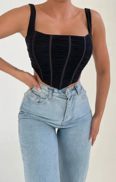 Black Corset Style Curved Hem Strappy Crop Top - Flavia