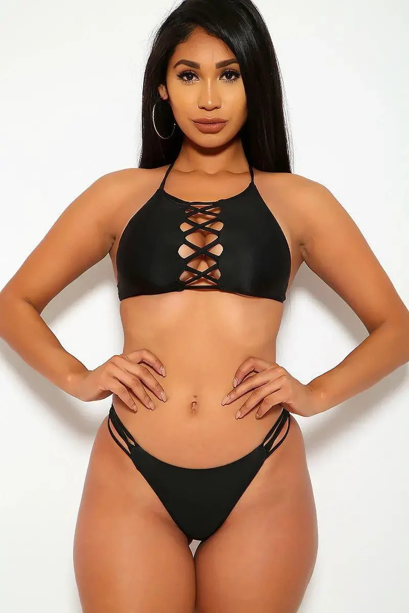 Black Criss Cross Strappy Halter Bikini Two Piece Swimsuit