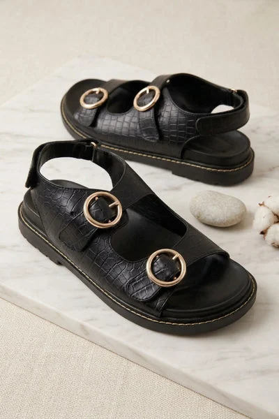 Black Croc Buckle Strap Flat Sandals - Viyra
