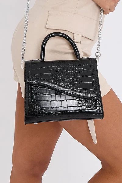 Black Croc Textured PU Faux Leather Mini Grab Bag - Leia