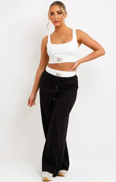 Black Cropped Sleeveless Ribbed Top with Contrast Wide Leg Trousers Co ord Set - Skyla