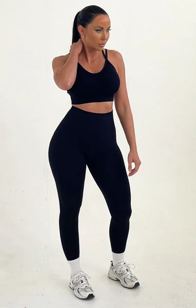 Black Cross Over Back Top And High Waisted Leggings Activewear Set - Edetta