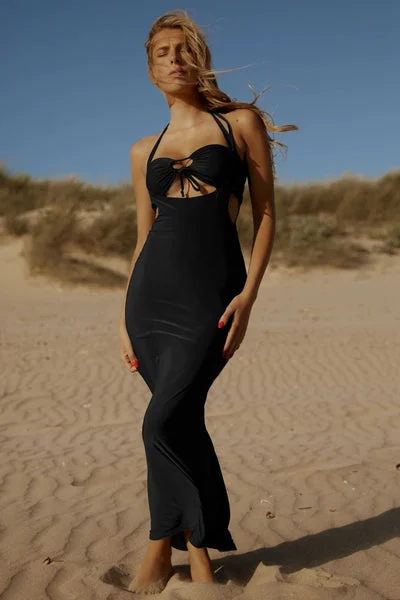 Black Cross Over Strappy Cut Out Maxi Dress - Angelica