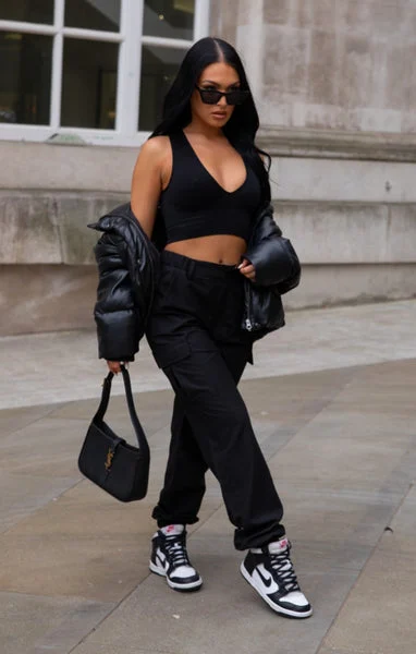 Black Cuffed Cargo Trousers - Nora