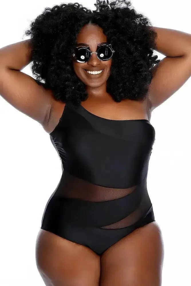 Black Cutout Mesh One Shoulder Strap One Piece Swimsuit Plus