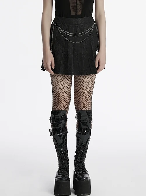 Black Daily Simple Unique Metal Chain Decoration Exquisite Lace Dark Pattern Pleated Gothic Style Skirt