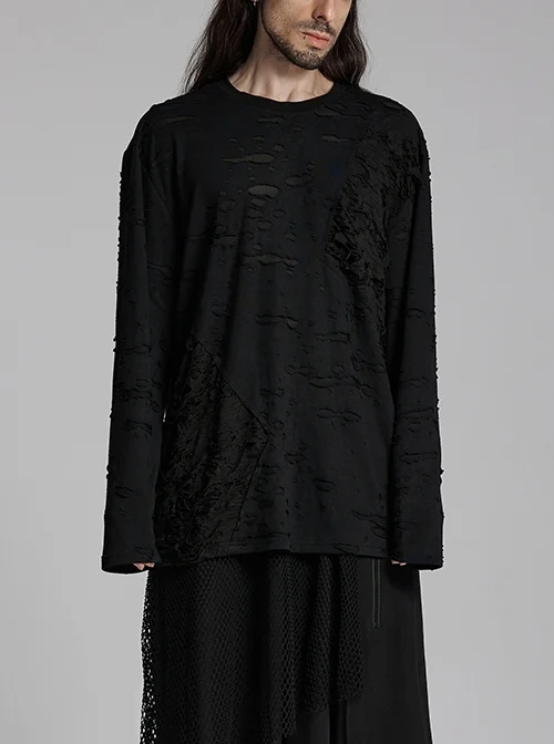 Black Decadent Loose Elastic Ripped Knitted Gothic Style Long Sleeved T-Shirt
