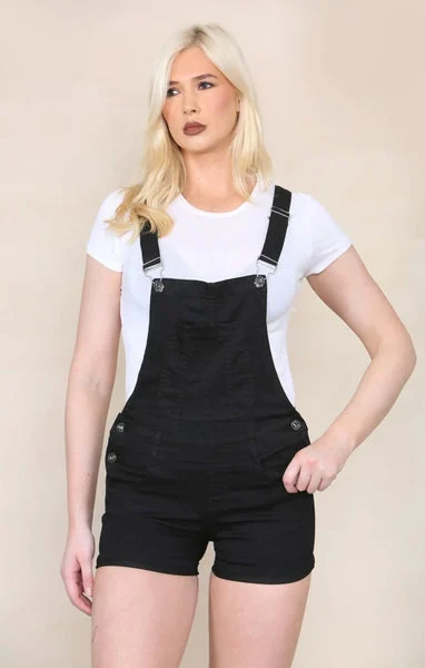 Black Denim Roll Up Hem Short Dungarees - Cindy