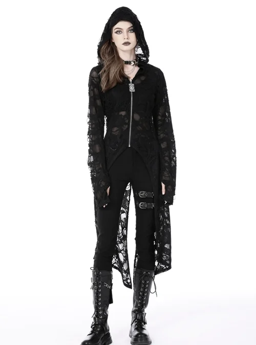 Black Destroyed Metallic Bull Head Zippered Punk Long Hooded Jacket