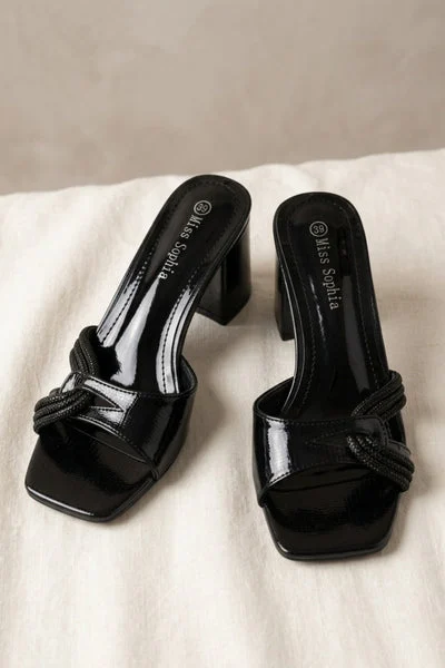 Black Diamanté Knot Detail Block Heel Mule Sandals - Tara