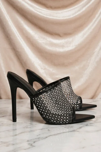 Black Diamante Perspex Strap Mules - Britney
