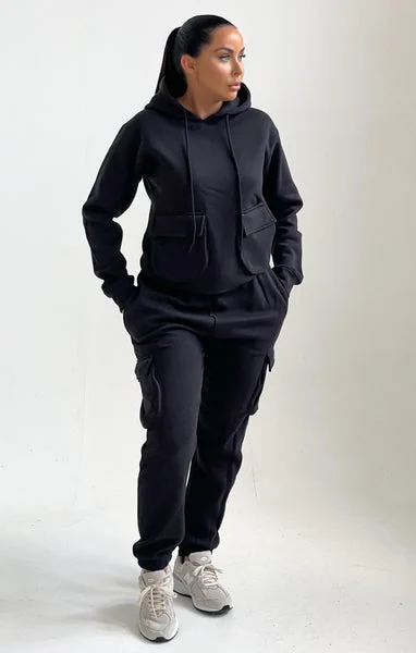 Black Double Pocket Drawstring Hoodie And Cuffed Joggers Loungewear Set - Callie