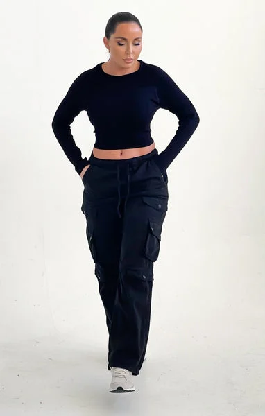 Black Drawstring Pocket Cargo Trousers - Bianca