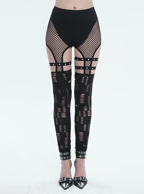 Black Elastic Asymmetrical Hole Knit Stitching Mesh Punk Style Sexy Hollow Leggings