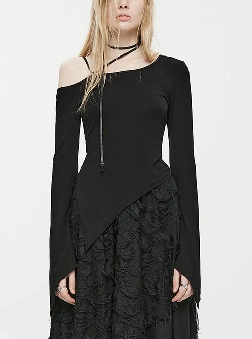 Black Elastic Comfortable Waist Drop Shoulder Hanging Neck Pointed Cuffs Hem Gothic Style One-Sided Off-Shoulder Tied Rope Fit T-Shirt