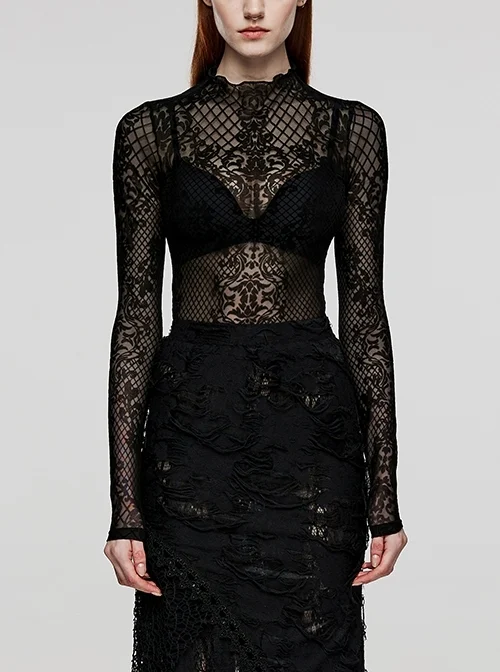 Black Elastic Flocked Mesh Simple Stand Collar Gothic Style Sexy See-Through Long Sleeved T-Shirt
