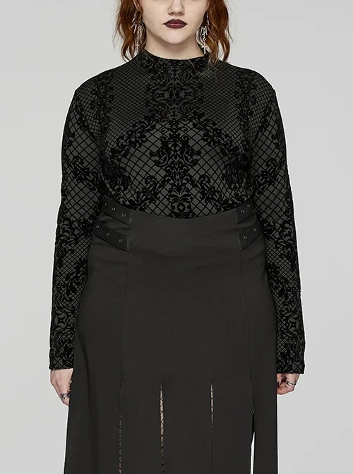 Black Elastic Flocked Printed Knitted High Collar Gothic Style Long Sleeve T-Shirt