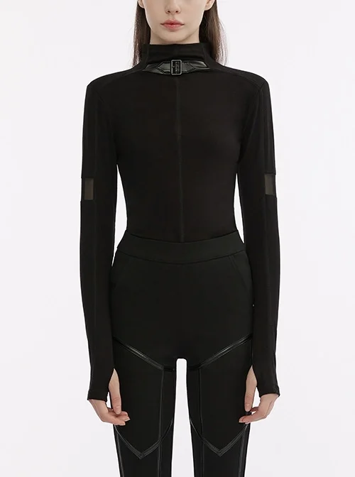 Black Elastic Knit Stitching Imitation Leather Functional Metal Buckle Punk Style All-Match Bottoming Long-Sleeved T-Shirt