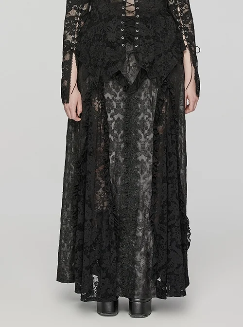 Black Elastic Knitted Patchwork Inverted Triangle Lace Front Lace Decoration Gothic Style Skirt