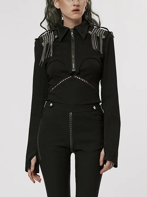 Black Elastic Lapel Open Chest Built-In Shoulder Pads Detachable Punk Style Handsome Jacket