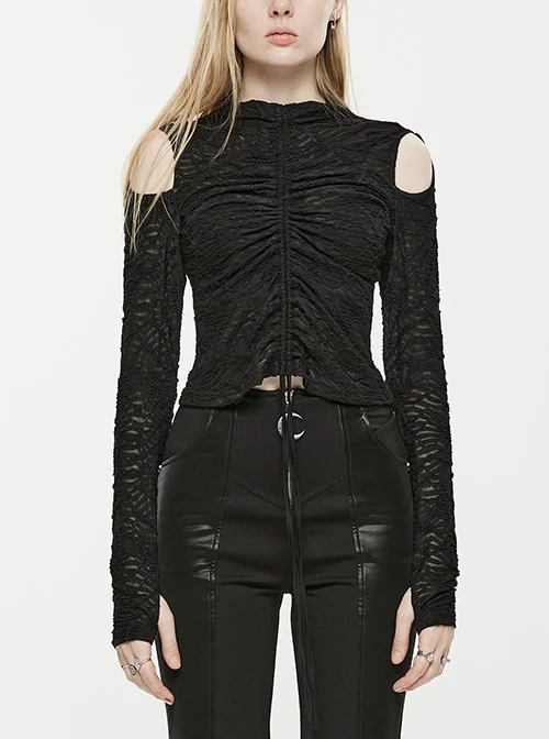Black Elastic Slim Texture Micro-Permeable Hollow High Collar Punk Style Strapless T-Shirt