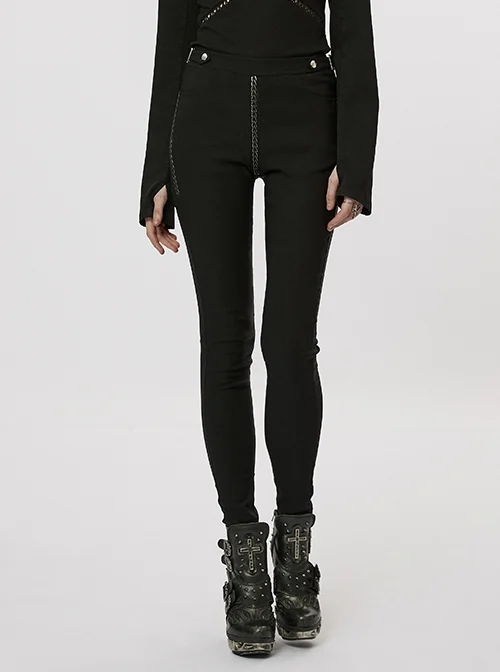 Black Elastic Twill Silver Chain Side Metal Rivets Military Uniform Elements Punk Style Handsome Military Uniform Pants