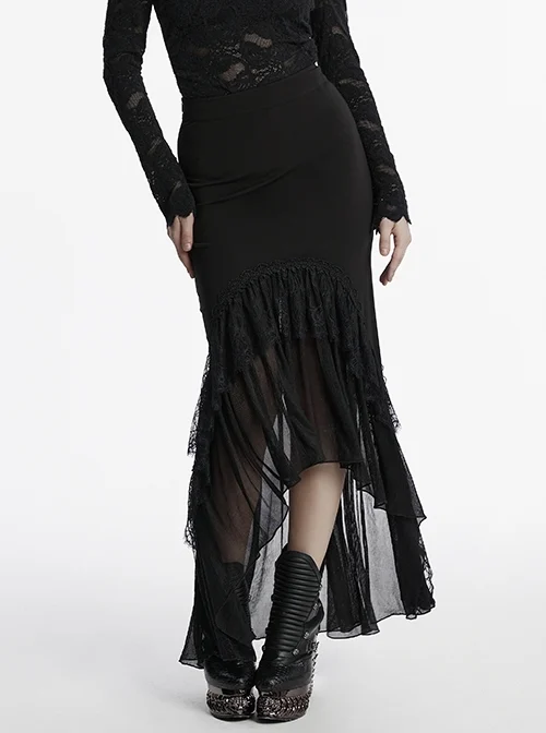Black Elegant Knitted Patchwork Exquisite Lace Patchwork Hem Gothic Style Skirt