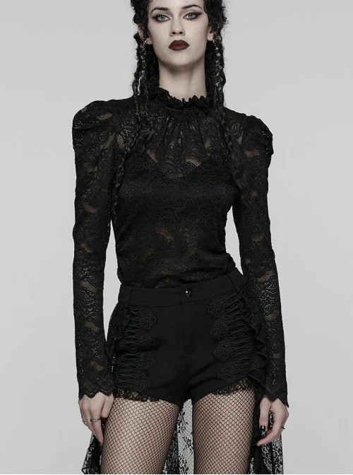 Black Elegant Ruffled Stand Collar Exquisite Lace Stitching Gothic Style Slim Long Sleeves Top