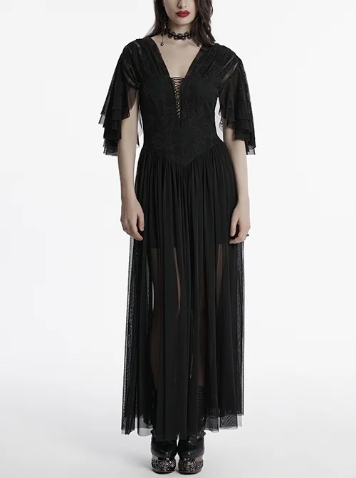 Black Elegant Sexy Deep V Neck Back Drawstring Design Retro Wave Sleeves Gothic Style Dress