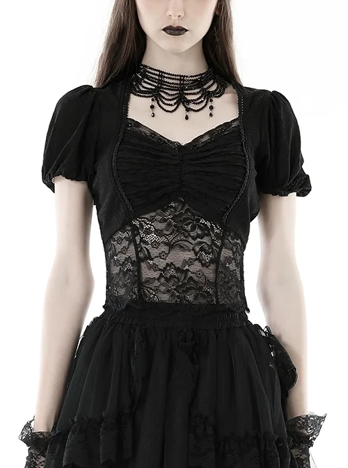 Black Elegant And Sexy See Through Printed Gothic Short Sleeved Top