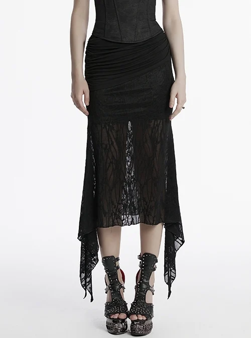 Black Elegant Slim Sexy Spider Web Mesh Splicing Side Slit Design Punk Style Fishtail Skirt