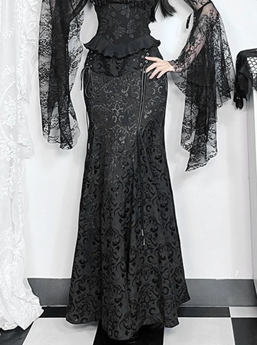 Black Embossed Chinese Style Fishtail Side Eyelet Lace Up Decoration Gothic Style Skirt