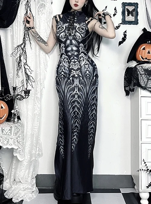 Black Exaggerated Waistband Printed Pattern Fabric Eyelet Ties On The Chest Leather Straps On The Shoulders Gothic Style Sleeveless Dress