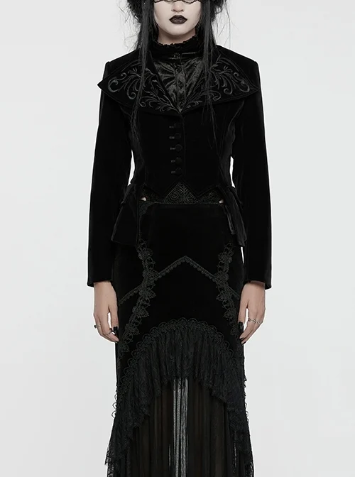 Black Exquisite Embroidered Weft Velvet Front Center Lapel Retro Design Gothic Style Drawstring Long Sleeve Coat