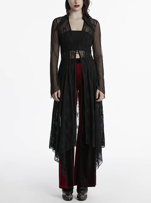 Black Exquisite Pointed Collar Irregular Hem Light Elegant Lace Gothic Style Long Sleeves Coat