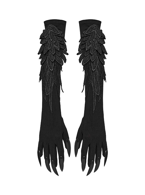 Black Exquisite Three Dimensional Wings Embroidered Applique With Sharp Devil Claw Design Gothic Style Personalized Gloves