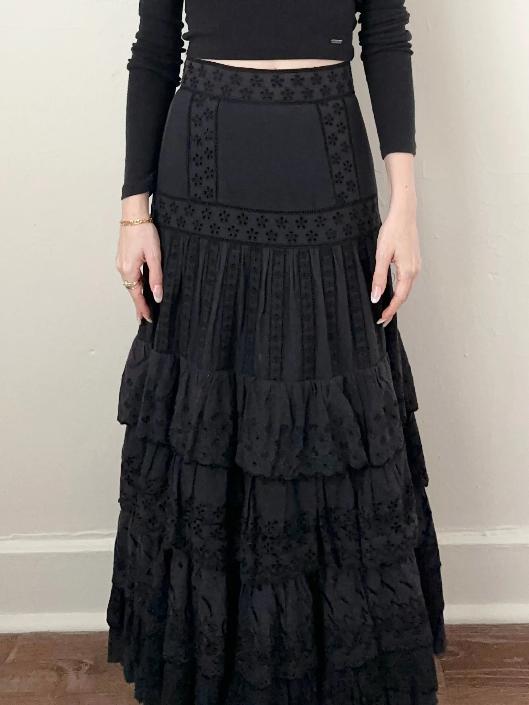Black Eyelet Cotton Boho Fairy Tier Skirt (S, 28”)