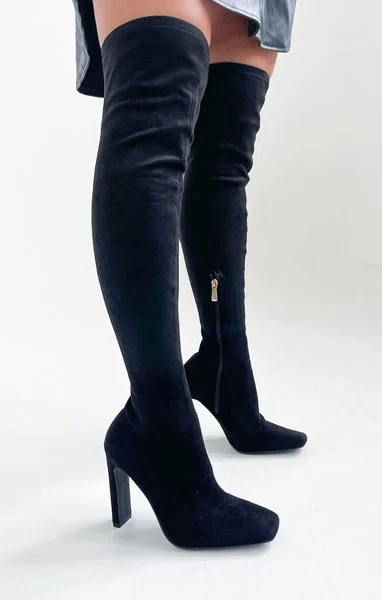Black Fabric Over The Knee Square Toe Heeled Boots - Oliviana