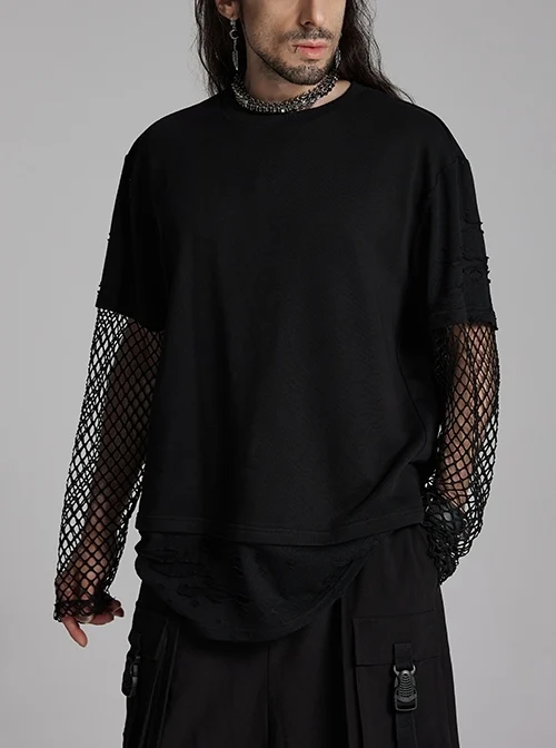 Black Fake Two Piece Knitted Patchwork Diamond Mesh Punk Style Decadent Long Sleeved T-Shirt