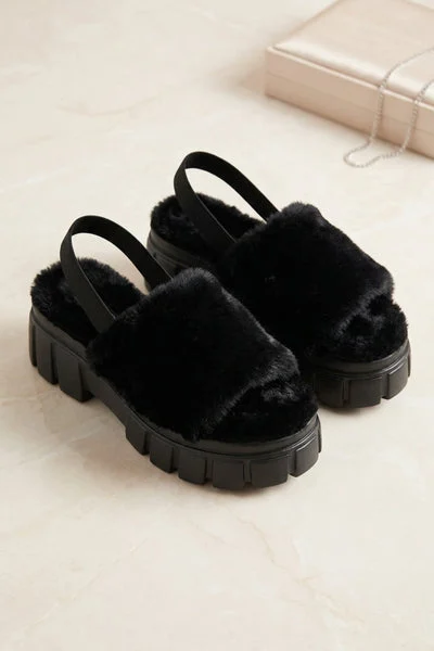 Black Faux Fur Slingback Chunky Platform Sandals - Ehna
