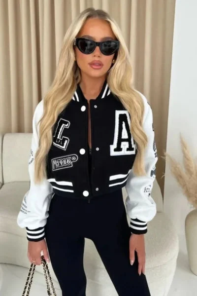 Black Faux Leather Cropped Contrast Graphic Bomber Jacket - Bellara