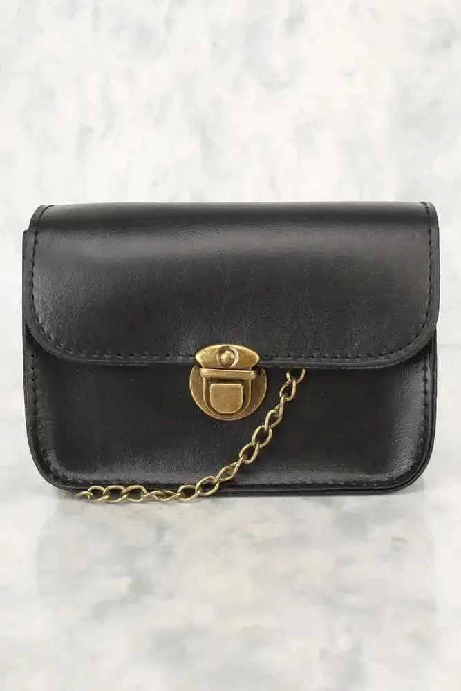 Black Faux Leather Snap Lock Closure Chain Strap Handbag