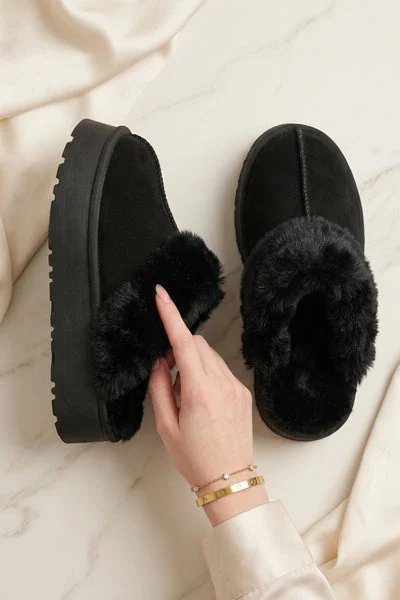 Black Faux Suede Platform Slipper Mules - Moix