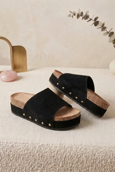 Black Faux Suede Stud Detail Platform Slider Sandals - Gesito