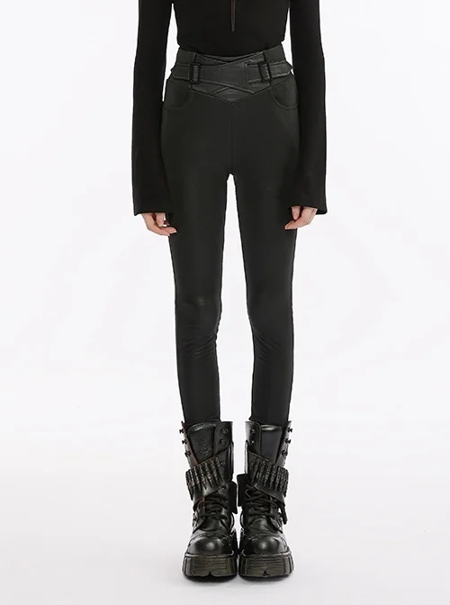 Black Fit Skinny Faux Leather Glossy Stretch Elastic Punk Crossover Waist Leggings
