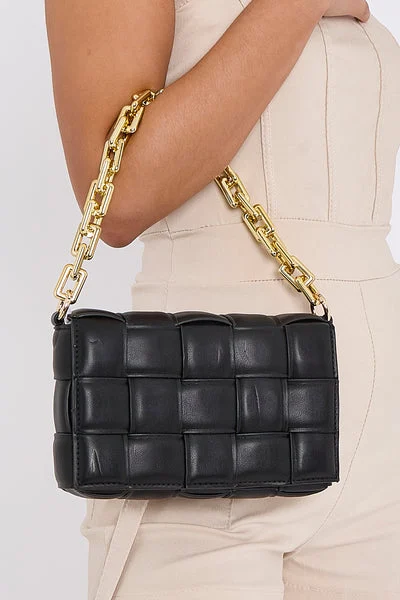 Black Flapover Chain Detail Crossbody Bag - Mada